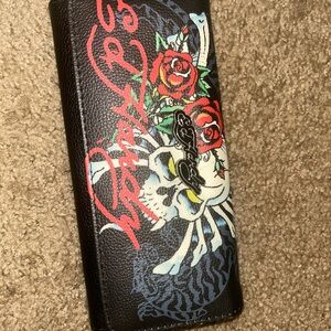 Ed Hardy Black Wallet with Skull and Roses